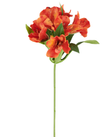 Flor artificial Alstroemeria, 47 cm, naranja con varias flores manchadas y hojas verdes sobre fondo blanco.