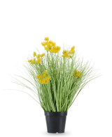 La hierba de cebolla con flores de raíz de césped artificial está alojada en una maceta de plástico negro, con hojas largas y delgadas parecidas a la hierba y racimos de pequeñas flores de color amarillo brillante en las puntas. La planta artificial tiene 50 cm de altura, es ignífuga y se alza sobre un fondo blanco liso.