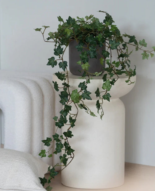 Una hiedra artificial Deluxe Green, una hiedra colgante de 90 cm en una maceta gris, se alza sobre una base escultórica moderna y blanca junto a una manta blanca doblada y un cojín estructurado blanco.