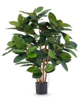 La planta artificial Rubber deluxe de 90 cm tiene múltiples tallos de madera y hojas grandes de color verde brillante en una maceta negra, ideal para añadir elegancia realista a cualquier habitación.