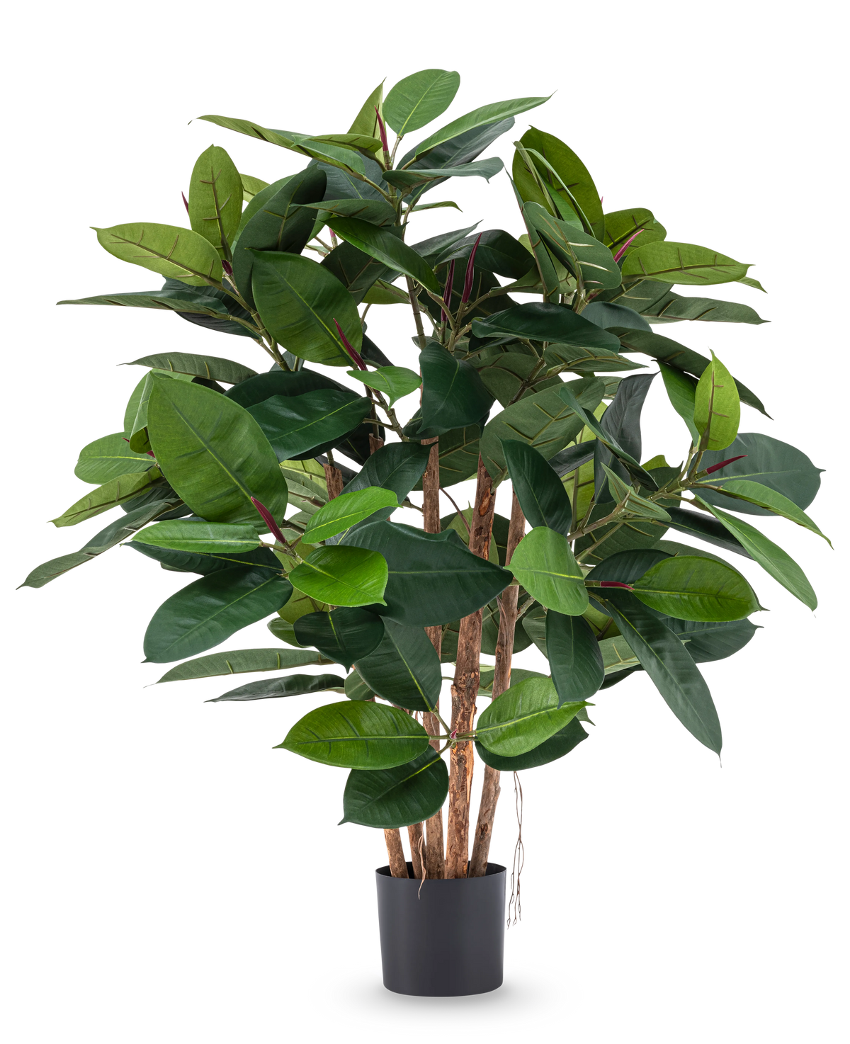 La planta artificial Rubber deluxe de 90 cm tiene múltiples tallos de madera y hojas grandes de color verde brillante en una maceta negra, ideal para añadir elegancia realista a cualquier habitación.