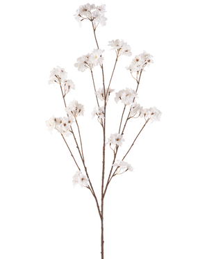 La flor artificial de cerezo en flor color crema de 130 cm tiene un único tallo marrón que se ramifica en varios tallos finos, cada uno de ellos decorado con racimos de pequeñas y delicadas flores de cerezo color crema sobre un fondo blanco liso.