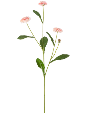 La flor artificial Estrella de verano de 57 cm rosa tiene un largo tallo verde con tres flores rosas en forma de margaritas y varias hojas verdes, sobre un fondo blanco liso.