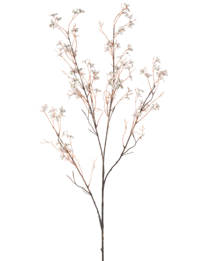 Una flor artificial de 130 cm de color azul claro tiene delicadas ramas artificiales con finos tallos marrones y pequeñas flores de color azul claro sobre un fondo blanco liso.