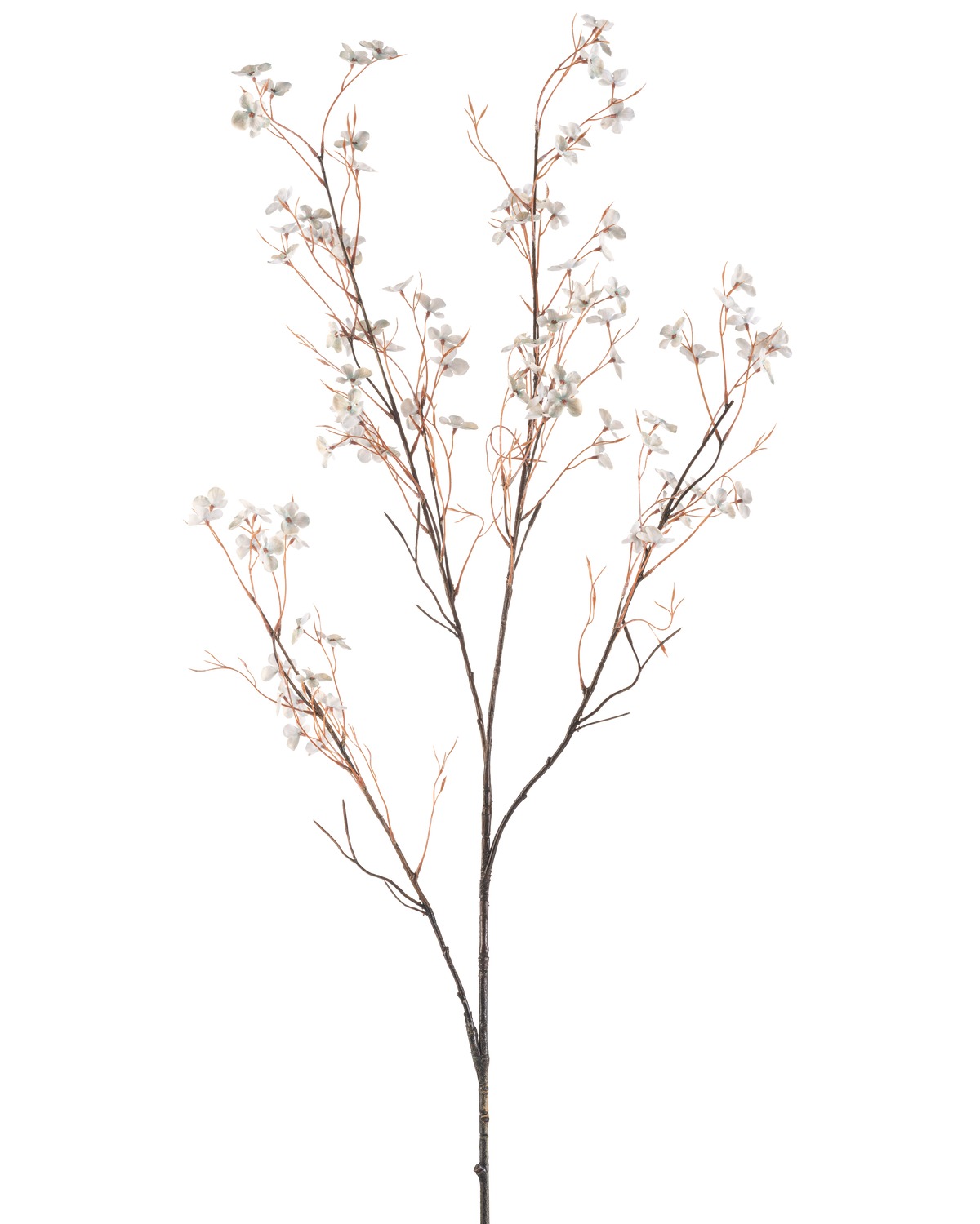 Una flor artificial de 130 cm de color azul claro tiene delicadas ramas artificiales con finos tallos marrones y pequeñas flores de color azul claro sobre un fondo blanco liso.