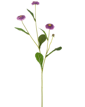 Una cuadrícula de flores artificiales de verano de 57 cm con un solo tallo verde, tres flores violetas parecidas a margaritas con un corazón amarillo y varias hojas verdes, representadas sobre un fondo blanco liso.