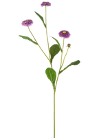 Una cuadrícula de flores artificiales de verano de 57 cm con un solo tallo verde, tres flores violetas parecidas a margaritas con un corazón amarillo y varias hojas verdes, representadas sobre un fondo blanco liso.