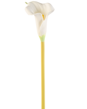 La Flor Artificial Cala 64 cm crema es una única cala artificial blanca con un largo tallo amarillo, sobre un fondo blanco liso.