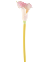 La flor artificial de cala de 64 cm, una única alcatrace rosa y blanca con un tallo amarillo, se muestra sobre un fondo blanco liso.