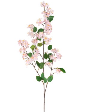 La flor artificial Peach Blossom 140 cm rosa es una rama artificial con flores de melocotón de color rosa claro y hojas verdes sobre esbeltos tallos marrones, representadas aisladas sobre un fondo blanco.
