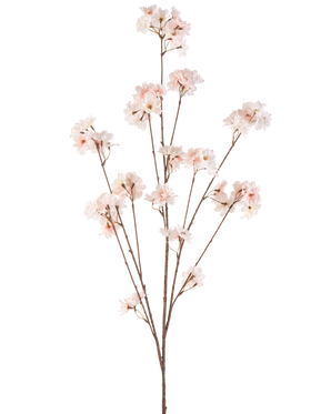 La flor de cerezo artificial color rubor de 130 cm tiene múltiples tallos delgados con racimos de delicadas flores de cerezo de color rosa claro sobre un fondo blanco liso.