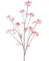 La flor de cerezo artificial en flor rosa de 130 cm tiene un único tallo marrón que se ramifica en racimos de delicadas flores de cerezo de color rosa, hermosas sobre un fondo blanco liso.