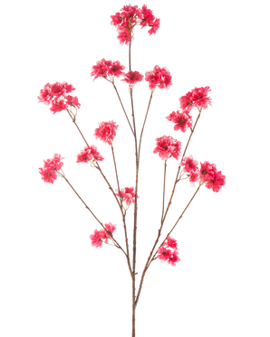 La flor artificial de cerezo en flor fucsia de 130 cm tiene un solo tallo con múltiples ramas delgadas de color marrón, cada una decorada con racimos de vibrantes flores artificiales de Navidad de color fucsia, sobre un fondo blanco liso.