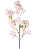 La flor de cerezo artificial color rubor de 119 cm tiene una sola rama de cerezo con ramos de flores de color rosa claro y algunas hojas verdes sobre un fondo blanco.
