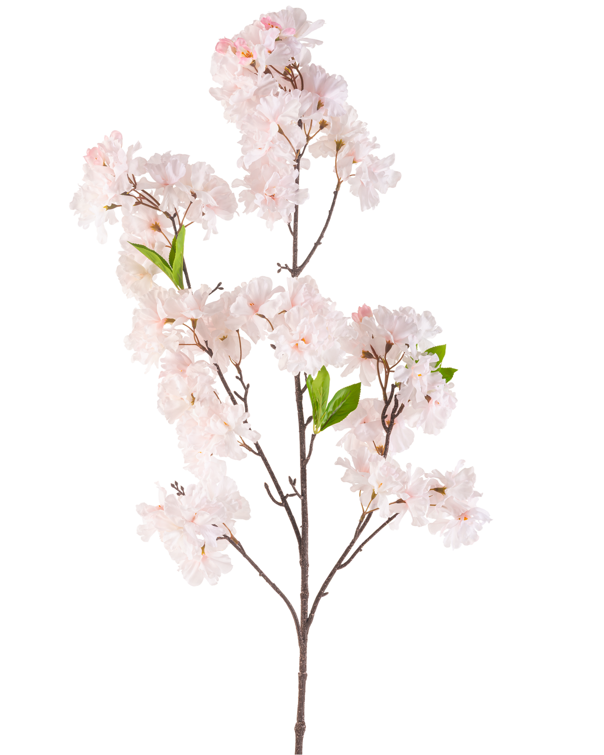 La flor de cerezo artificial color rubor de 119 cm tiene una sola rama de cerezo con ramos de flores de color rosa claro y algunas hojas verdes sobre un fondo blanco.