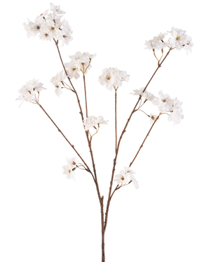 La Flor Artificial Cerezo en Flor Crema de 114 cm tiene un tallo marrón que se ramifica en tallos más pequeños, cada uno decorado con delicadas flores artificiales en un tono blanco crema, sobre un fondo blanco liso.