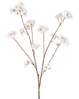 La Flor Artificial Cerezo en Flor Crema de 114 cm tiene un tallo marrón que se ramifica en tallos más pequeños, cada uno decorado con delicadas flores artificiales en un tono blanco crema, sobre un fondo blanco liso.