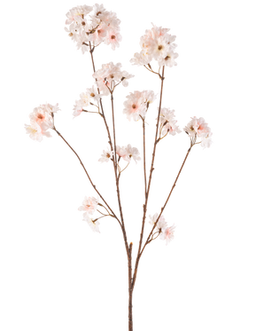 La flor de cerezo artificial color rubor de 114 cm tiene un solo tallo marrón con varias ramas rematadas con delicadas flores de cerezo de color rosa rubor, bellamente aisladas sobre un fondo blanco.