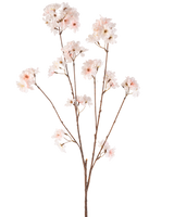 La flor de cerezo artificial color rubor de 114 cm tiene un solo tallo marrón con varias ramas rematadas con delicadas flores de cerezo de color rosa rubor, bellamente aisladas sobre un fondo blanco.