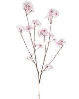 La flor artificial de cerezo en flor de 114 cm rosa claro tiene una sola rama marrón con múltiples tallos delgados, cada uno decorado con ramos de delicadas flores de cerezo de color rosa claro, sobre un fondo blanco liso.