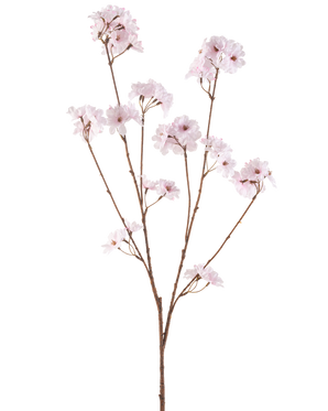 La flor artificial de cerezo en flor de 114 cm rosa claro tiene una sola rama marrón con múltiples tallos delgados, cada uno decorado con ramos de delicadas flores de cerezo de color rosa claro, sobre un fondo blanco liso.