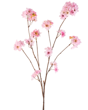 La flor de cerezo artificial en flor rosa de 114 cm tiene varios tallos delgados de color marrón con racimos de flores de cerezo de color rosa suave sobre un fondo blanco liso.