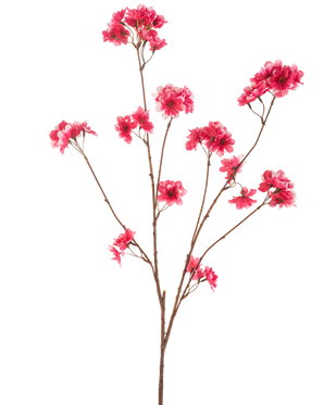 La flor de cerezo artificial fucsia de 114 cm muestra una sola rama marrón con múltiples tallos, cada uno con racimos de vibrantes flores artificiales de Navidad fucsia sobre un fondo blanco liso.