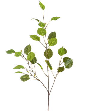 La Rama Artificial 118 cm verde es una única rama delgada con múltiples hojas verdes y pequeños cogollos, aislada sobre un fondo blanco.