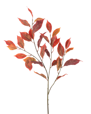 La flor artificial Hoja de Olmo 113 cm roja tiene múltiples tallos delgados con hojas otoñales de color rojo vibrante y naranja, aisladas sobre un fondo blanco.