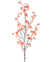 La flor artificial de cerezo en flor de melocotón de 150 cm tiene una sola rama alta con múltiples tallos delgados, decorada con racimos de pequeñas flores rosas y rojas y algunas hojas verdes, sobre un fondo blanco liso.