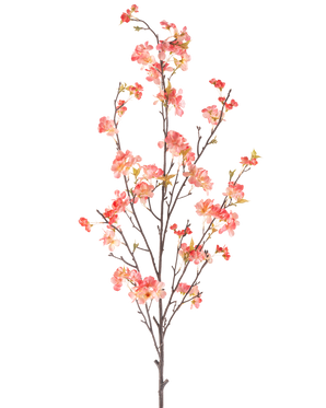 La flor artificial de cerezo en flor de melocotón de 150 cm tiene una sola rama alta con múltiples tallos delgados, decorada con racimos de pequeñas flores rosas y rojas y algunas hojas verdes, sobre un fondo blanco liso.