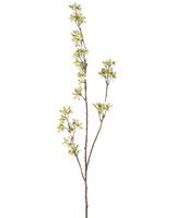 La Flor Artificial Flores 102 cm verde es una única y esbelta rama marrón con varios vástagos y pequeños racimos de flores de color verde claro y blanco sobre un fondo blanco liso.