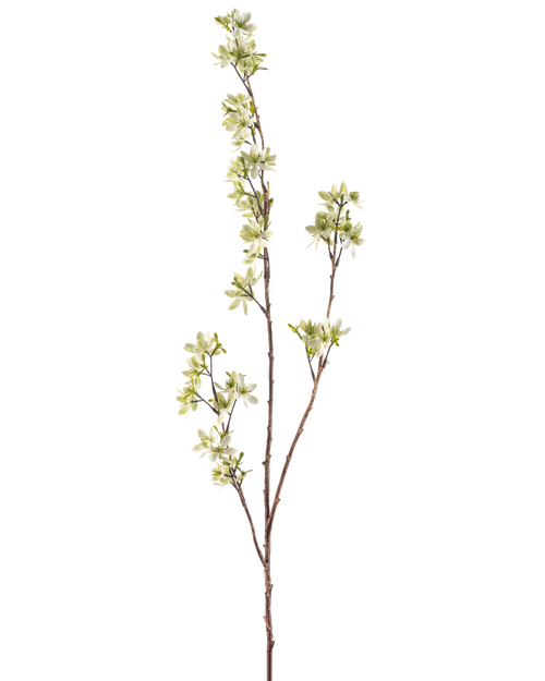 La Flor Artificial Flores 102 cm verde es una única y esbelta rama marrón con varios vástagos y pequeños racimos de flores de color verde claro y blanco sobre un fondo blanco liso.