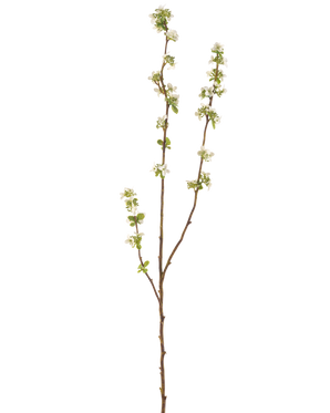 La caja de semillas de rama artificial de 104 cm color crema tiene una sola rama marrón con pequeñas hojas verdes y ramos de pequeñas flores blancas sobre un fondo blanco liso.
