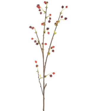 La Flor Artificial Rosa Mosqueta 112 cm roja tiene una única rama marrón con pequeñas bayas de color rojo y violeta oscuro y algunas hojas de color verde claro, sobre un fondo blanco liso.