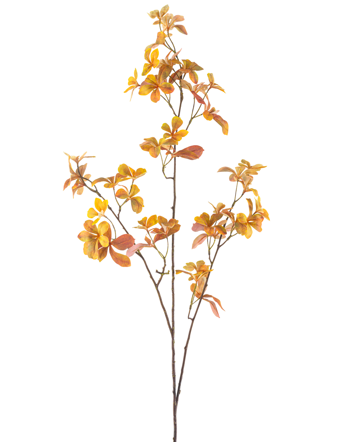 La Rama Artificial Enkianthus 112 cm amarilla es una única rama artificial con múltiples tallos y hojas otoñales amarillas, sobre un fondo blanco liso.