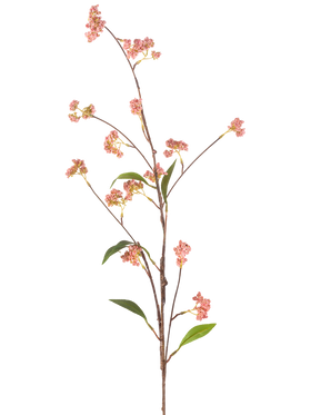 La flor artificial Bayas de 95 cm rosa tiene un tallo largo y delgado con varios pequeños racimos de bayas rosas y algunas hojas verdes, representadas sobre un fondo blanco liso.