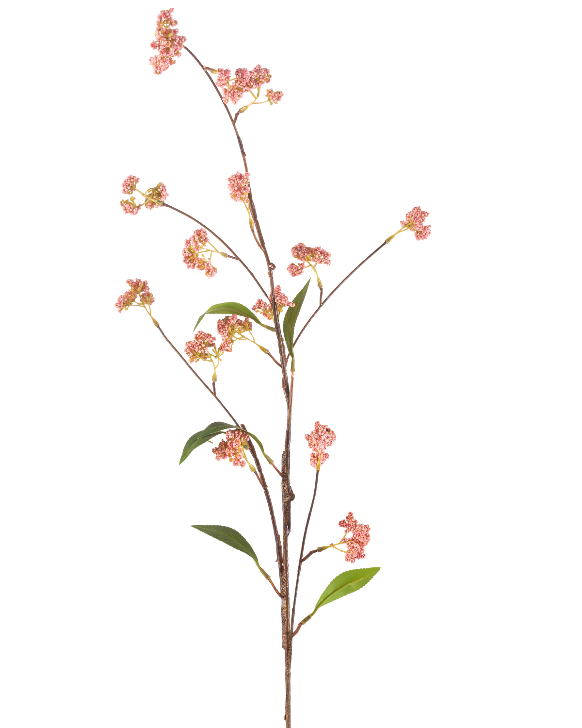 La flor artificial Bayas de 95 cm rosa tiene un tallo largo y delgado con varios pequeños racimos de bayas rosas y algunas hojas verdes, representadas sobre un fondo blanco liso.