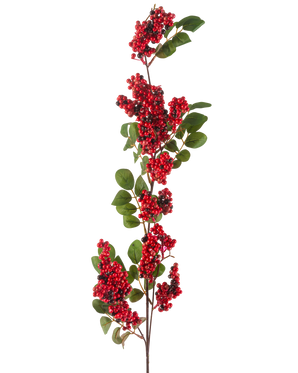 La flor artificial Bayas de 104 cm roja tiene una sola rama con racimos de pequeñas bayas de color rojo brillante y hojas verdes sobre un fondo blanco.