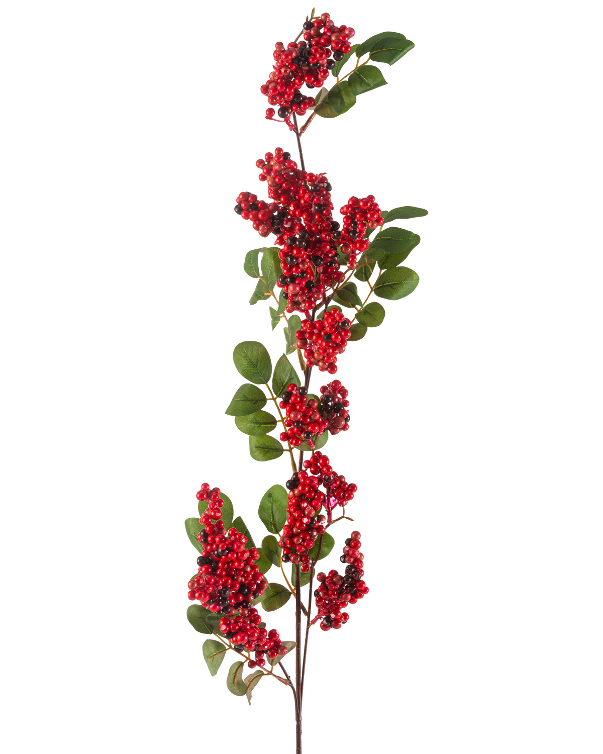 La flor artificial Bayas de 104 cm roja tiene una sola rama con racimos de pequeñas bayas de color rojo brillante y hojas verdes sobre un fondo blanco.