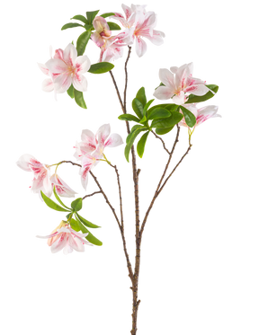 La flor artificial Begonia color rubor de 99 cm tiene una sola rama con múltiples flores de begonia rosadas y blancas y manojos de hojas verdes sobre un fondo blanco.