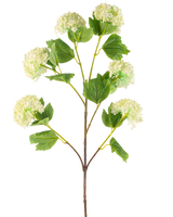 La flor artificial Bola de nieve de 94 cm verde tiene un único tallo artificial con racimos de flores de color verde claro que parecen hortensias y algunas hojas verdes, representadas sobre un fondo blanco.