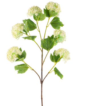 La flor artificial Bola de nieve de 94 cm verde tiene un único tallo artificial con racimos de flores de color verde claro que parecen hortensias y algunas hojas verdes, representadas sobre un fondo blanco.