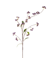 La Flor Artificial Bayas 95 cm violeta tiene un único tallo marrón con múltiples ramas, decorado con racimos de bayas violetas y algunas hojas verdes, perfectamente aisladas sobre un fondo blanco.