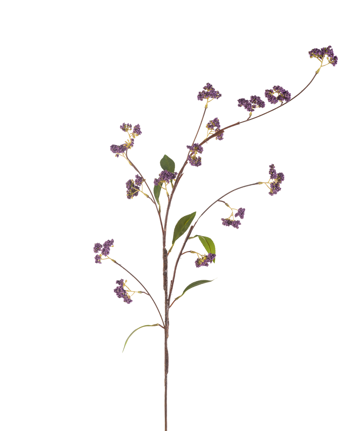 La Flor Artificial Bayas 95 cm violeta tiene un único tallo marrón con múltiples ramas, decorado con racimos de bayas violetas y algunas hojas verdes, perfectamente aisladas sobre un fondo blanco.