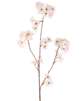 La flor artificial de cerezo en flor de 85 cm tiene un único tallo marrón con múltiples ramas, cada una decorada con delicadas flores de cerezo de color rosa, sobre un fondo blanco liso.