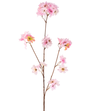 La flor artificial de cerezo en flor de 85 cm rosa tiene un solo tallo marrón con múltiples ramas, cada una decorada con ramos de delicadas flores artificiales de cerezo de color rosa claro, sobre un fondo blanco liso.