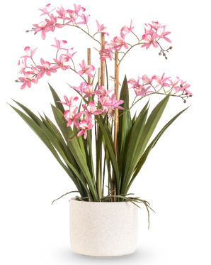 La Planta Artificial Mini Cymbidium Real Touch 58 cm rosa tiene largas hojas verdes y múltiples tallos florales de color rosa, dispuestos en una maceta cilíndrica blanca estructurada, sobre un fondo blanco liso.