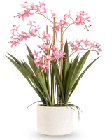 La Planta Artificial Mini Cymbidium Real Touch 58 cm rosa tiene largas hojas verdes y múltiples tallos florales de color rosa, dispuestos en una maceta cilíndrica blanca estructurada, sobre un fondo blanco liso.