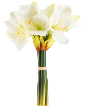 La Flor Artificial Amarilis Real Touch blanca de 36 cm tiene flores realistas de amarilis blancas con centros de color verde claro y estambres amarillos, atadas con una banda beige alrededor de tallos verdes, perfectas sobre un fondo blanco liso.